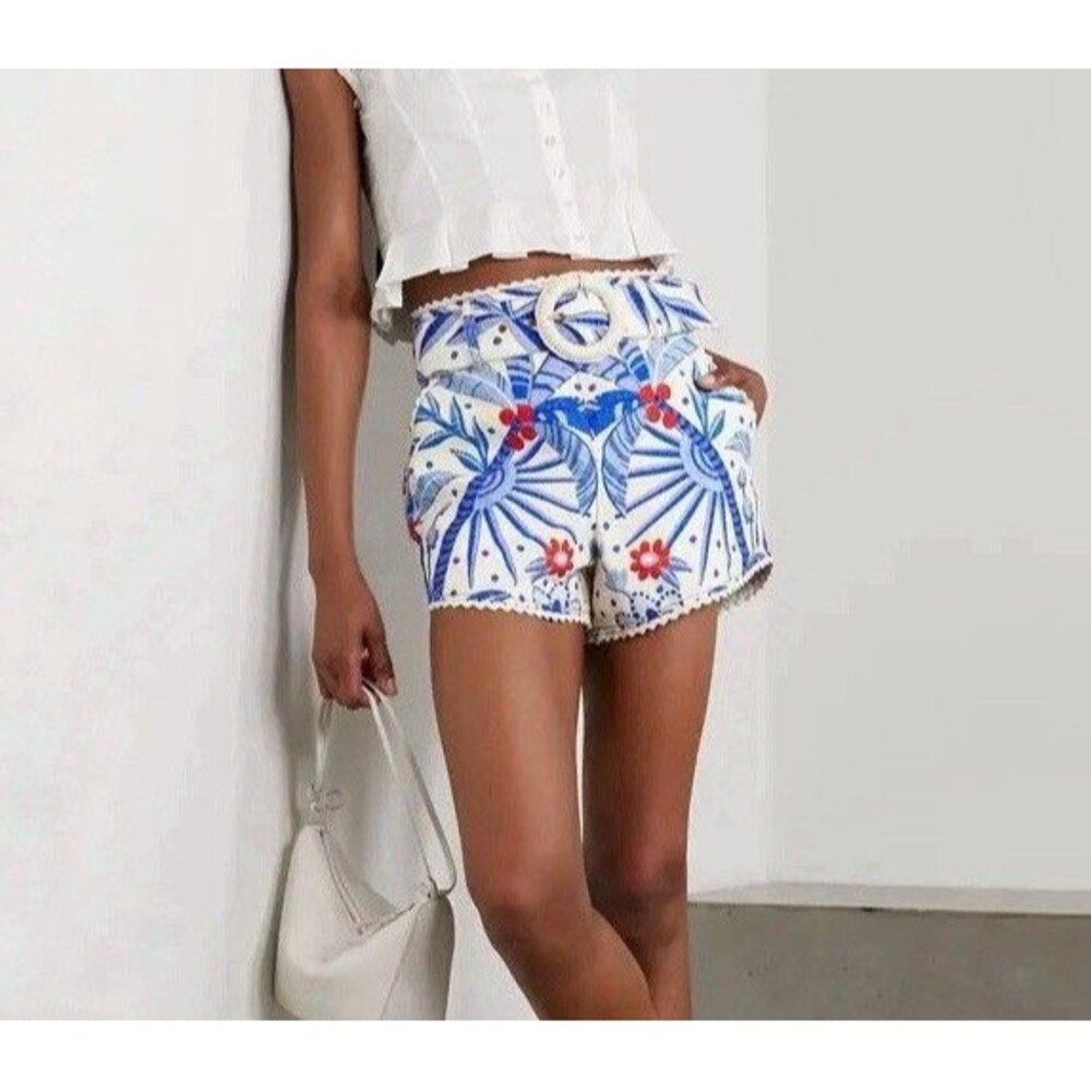 Farm Rio  Jungle Chic Belted Women’s Cotton Shorts In Blue White Size Large